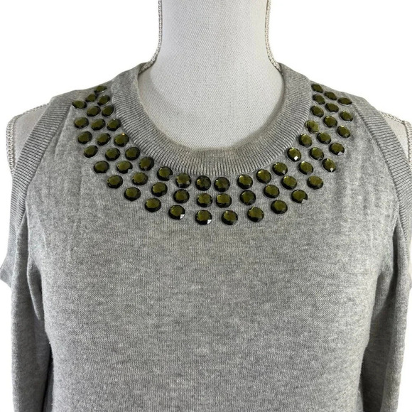 DG2 Gray Cold Shoulder Sweater Rhinestone Embellished Neckline Bling Small - Picture 4 of 8